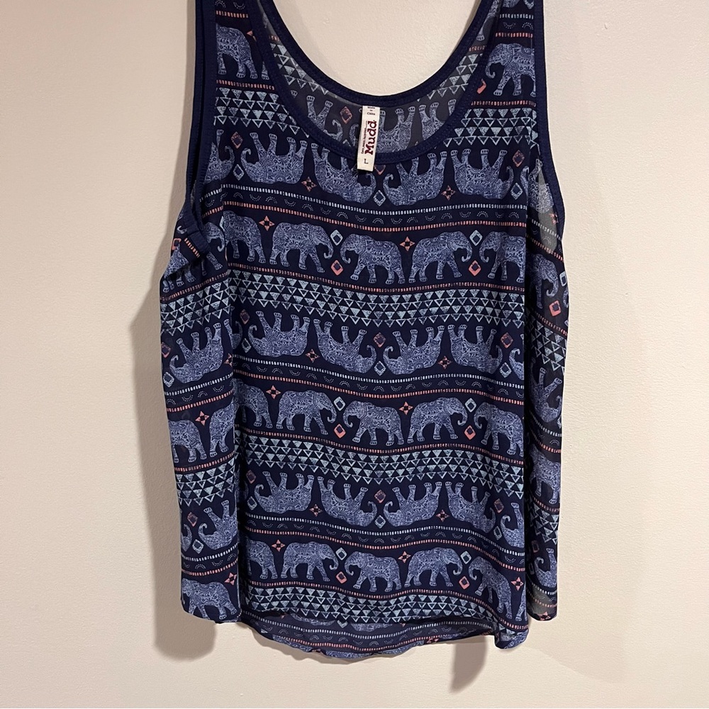 Blue flowy sheer tank top elephant pattern